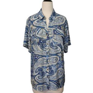 Charter Club Button Up Shirt Top Womens Size XL Short Sleeve Pockets Blue White
